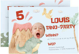 Einladungskarte Kindergeburtstag Dinoparty A6 Karte quer blau lustig mit T-Rex und Foto