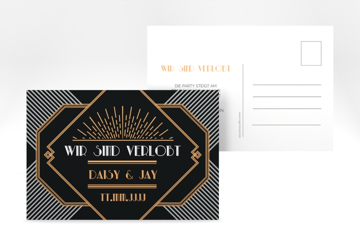 Verlobungskarte Hochzeit Gatsby A6 Postkarte schwarz im 20er-Jahre-Stil