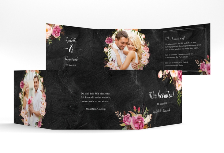 Hochzeitseinladung Flowers A6 Doppel-Klappkarte schwarz mit bunten Aquarell-Blumen