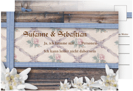 Klick: Details zu Antwortkarte Hochzeit "Bayern" anzeigen Antwortkarte Hochzeit Bayern A6 Postkarte blau mit Edelweiß in rustikaler Holz-Optik