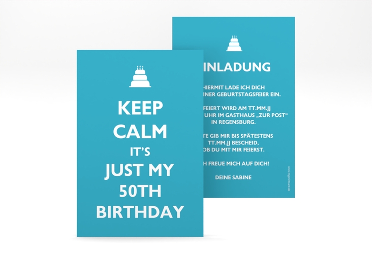 Einladung 50. Geburtstag KeepCalm A6 Karte hoch tuerkis