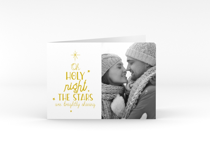 Weihnachtskarte Winterhimmel A6 Klappkarte quer gold mit Handlettering-Text und Foto