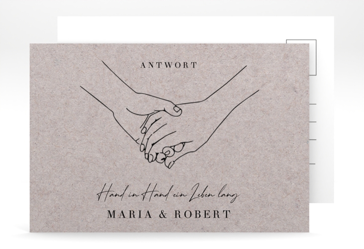 Antwortkarte Hochzeit Hands A6 Postkarte Kraftpapier hochglanz mit sich haltenden Händen im Monoline-Stil