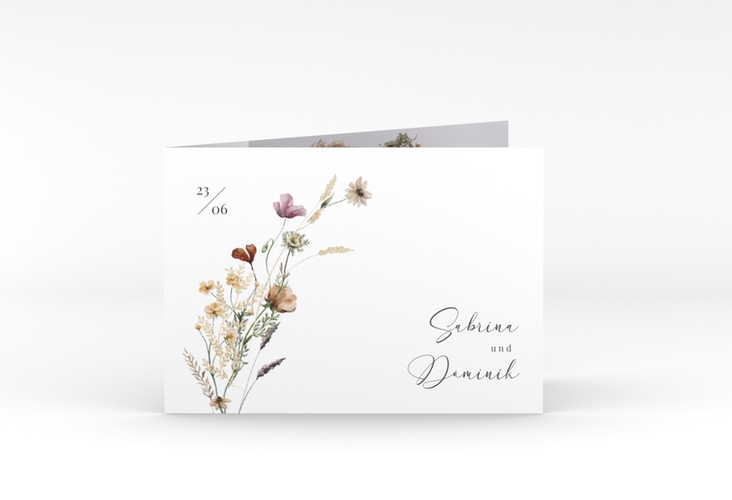 Danksagungskarte Hochzeit Sauvages A6 Klappkarte quer weiss mit getrockneten Wiesenblumen