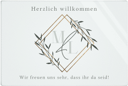 Klick: Details zu Willkommensschild Acryl "Greenletter" anzeigen Willkommensschild Acryl Greenletter 60 x 40 cm Acryl gruen mit Initialen in elegantem Goldrahmen mit Blättern
