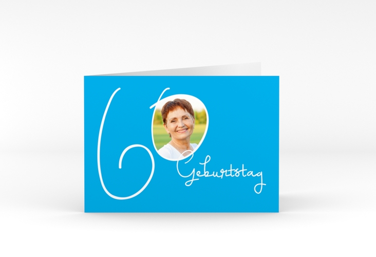 Einladung 60. Geburtstag Swing A6 Klappkarte quer blau hochglanz