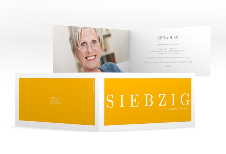 Einladung 70. Geburtstag Schlicht lange Klappkarte quer gelb
