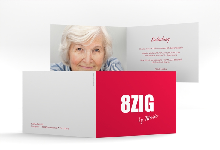 Einladung 80. Geburtstag Zig A6 Klappkarte quer rot