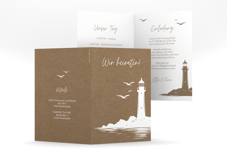 Einladungskarte Hochzeit Leuchtturm A6 Klappkarte hoch Kraftpapier