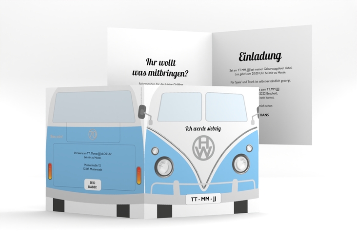 Einladung 70. Geburtstag Bulli Bus quadr. Klappkarte