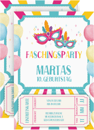 Einladungskarte Kindergeburtstag Fasching A6 Karte hoch bunt mit Karnevals-Masken