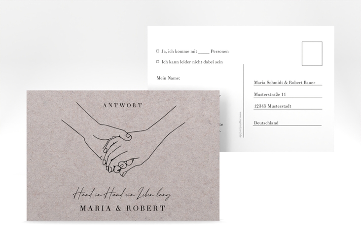 Antwortkarte Hochzeit Hands A6 Postkarte Kraftpapier hochglanz mit sich haltenden Händen im Monoline-Stil