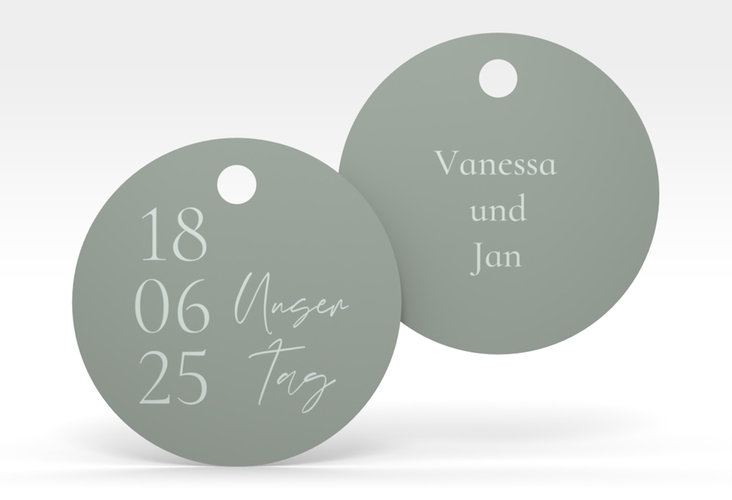 Geschenkanhänger Hochzeit Day Geschenkanhänger, rund gruen hochglanz mit Datum im minimalistischen Design