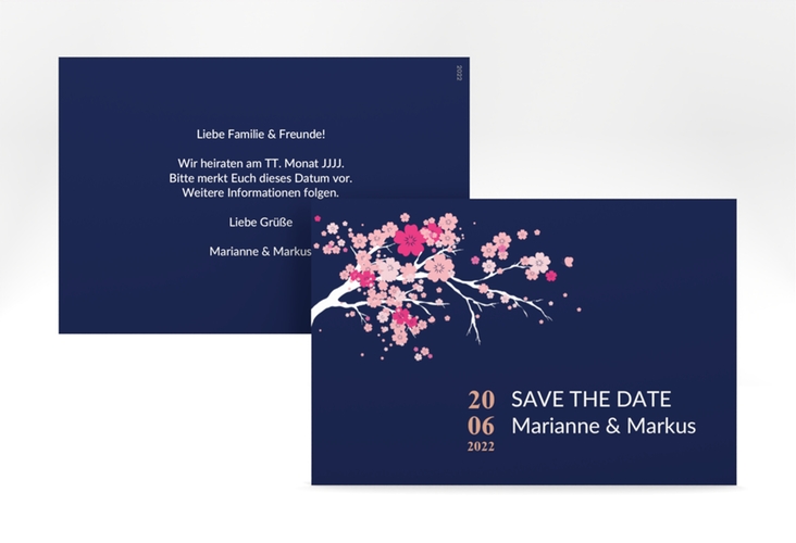 Save the Date-Karte Hochzeit Sakura A6 Karte quer blau hochglanz