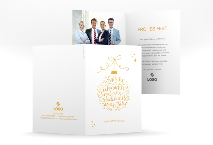 Business-Weihnachtskarte Lichterglanz A6 Klappkarte hoch weiss hochglanz für Firmen, mit Weihnachtskugel-Kalligrafie