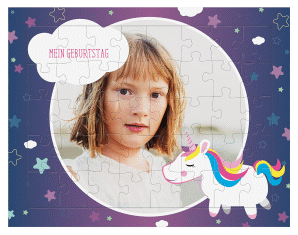 Fotopuzzle 40 Teile Magisch 40 Teile lila mit Foto und Regenbogen-Einhorn im Sternenhimmel