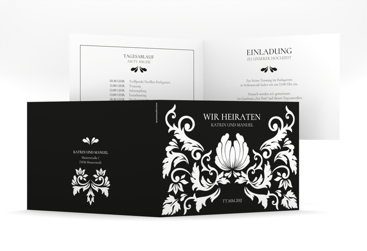 Hochzeitseinladung Royal mittlere Klappkarte quer schwarz mit barockem Blumen-Ornament