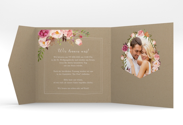 Hochzeitseinladung Flowers Pocketfold Kraftpapier mit bunten Aquarell-Blumen