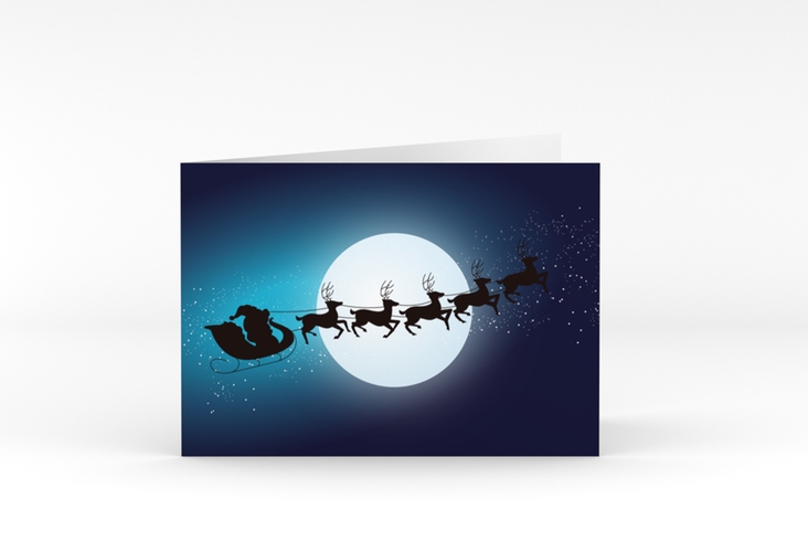 Weihnachtskarte Santa A6 Klappkarte quer dunkelblau mit fliegendem Rentierschlitten
