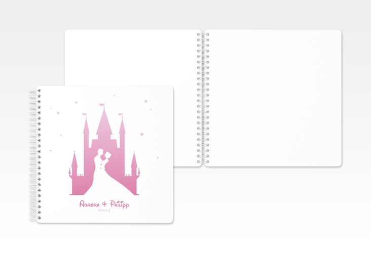 Gästebuch Hochzeit Castle Ringbindung rosa mit Silhouette von Märchenschloss mit Prinz und Prinzessin