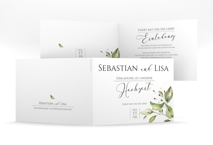 Hochzeitseinladung Leaves mittlere Klappkarte quer weiss hochglanz