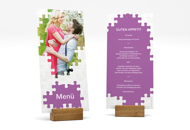 Menükarte Hochzeit Puzzle lange Karte hoch lila