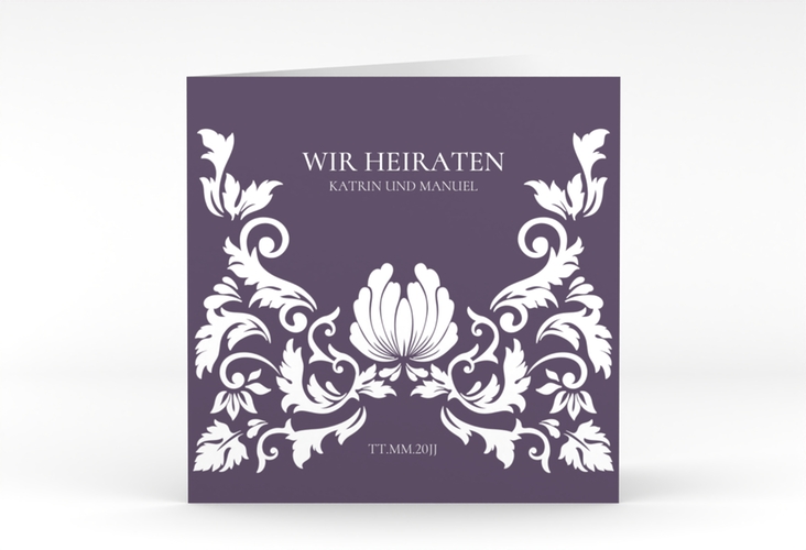 Hochzeitseinladung Royal quadr. Klappkarte lila mit barockem Blumen-Ornament