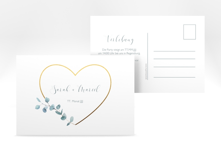 Verlobungskarte Hochzeit Greenheart A6 Postkarte gold mit elegantem Herz und Eukalyptus-Zweig