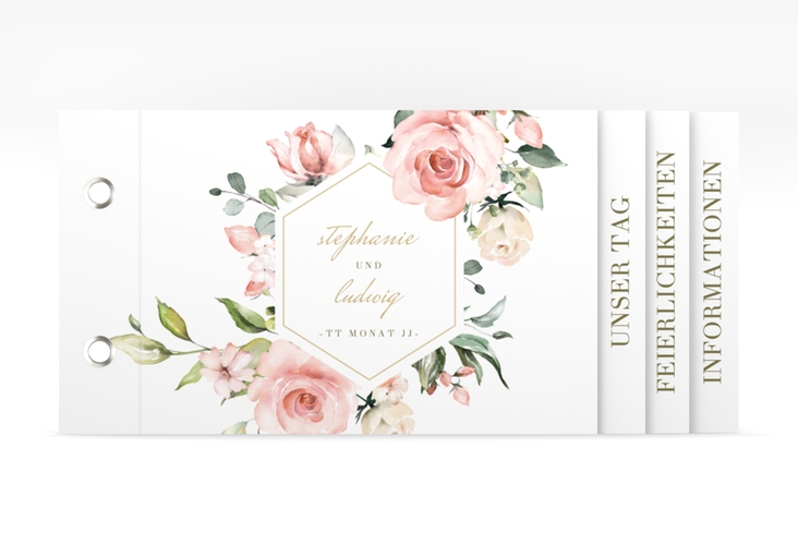 Hochzeitseinladung Graceful Booklet weiss mit Rosenblüten in Rosa und Weiß