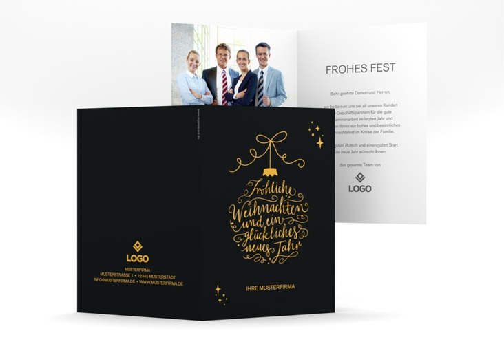 Business-Weihnachtskarte Lichterglanz A6 Klappkarte hoch schwarz für Firmen, mit Weihnachtskugel-Kalligrafie