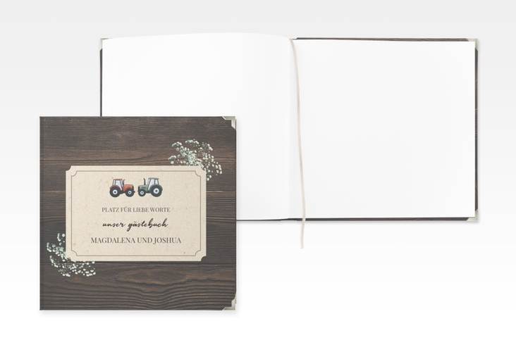 Gästebuch Selection Hochzeit Bauernhochzeit Leinen-Hardcover braun in rustikaler Holz-Optik mit Schleierkraut und zwei kleinen Traktoren