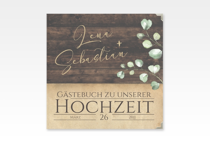 Gästebuch Selection Hochzeit Landhaus Leinen-Hardcover braun in Holz-Optik mit Eukalyptus