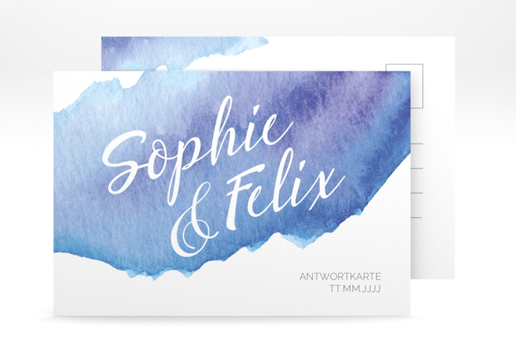 Antwortkarte Hochzeit Aquarella A6 Postkarte blau hochglanz