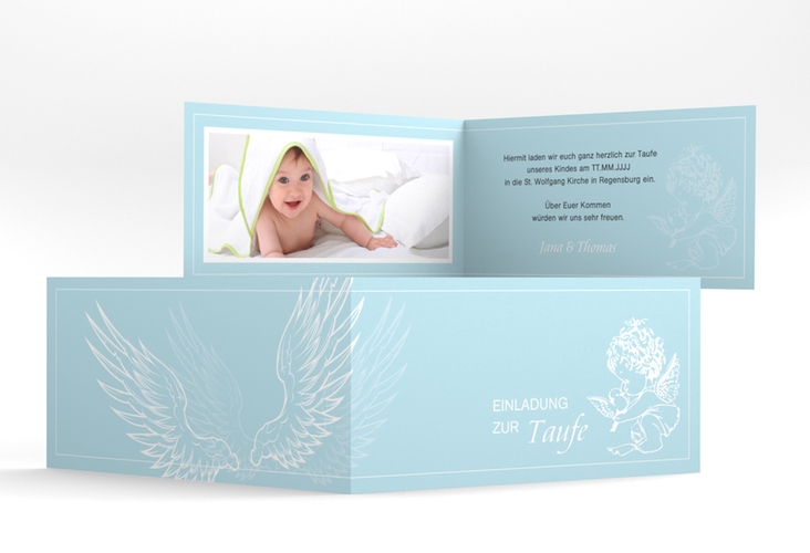 Einladungskarte Taufe Angel lange Klappkarte quer blau