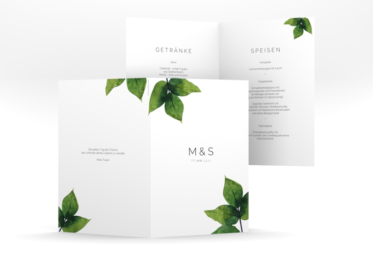 Menükarte Hochzeit Greenery A5 Klappkarte hoch gruen minimalistisch mit grünen Blättern
