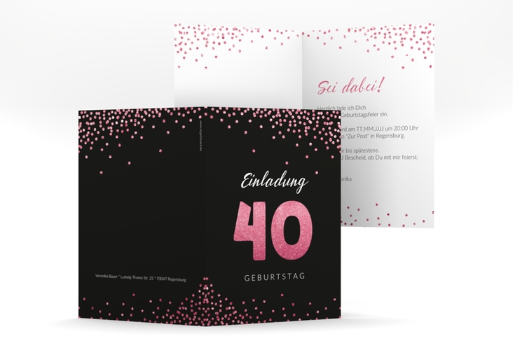Einladung 40. Geburtstag Glitzer A6 Klappkarte hoch pink