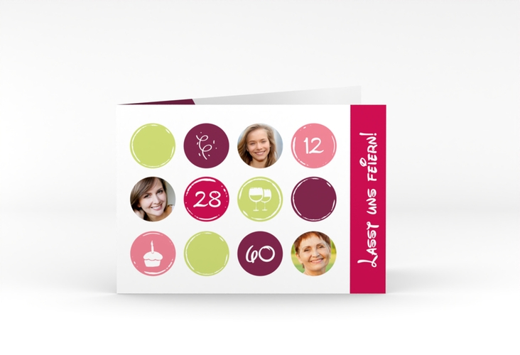 Einladung 60. Geburtstag Circles A6 Klappkarte quer pink