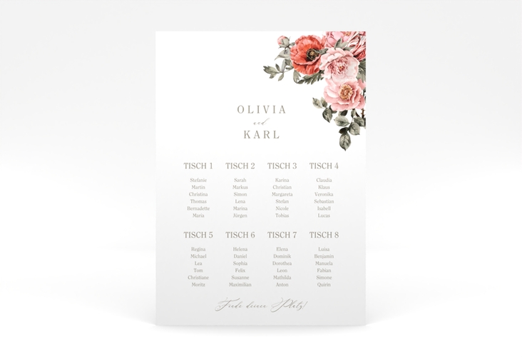 Sitzplan Poster Hochzeit Grazioso 50 x 70 cm Poster weiss modern mit Mohnblumen und Rosen