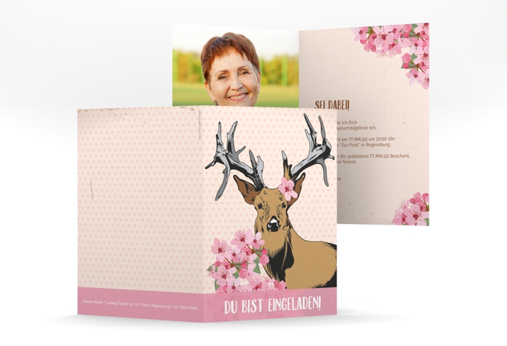 Einladung 60. Geburtstag Platzhirsch A6 Klappkarte hoch rosa
