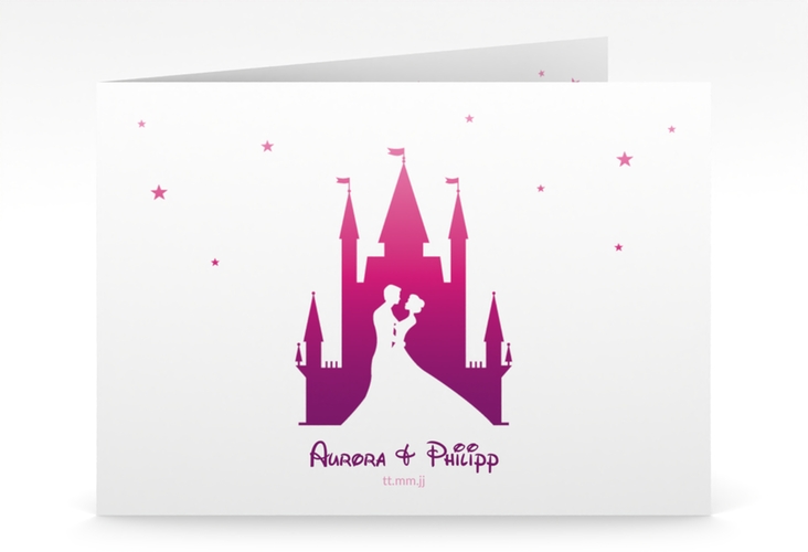 Hochzeitseinladung Castle mittlere Klappkarte quer pink hochglanz