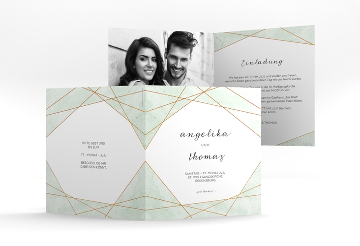 Hochzeitseinladung Asymmetry quadr. Klappkarte gruen hochglanz