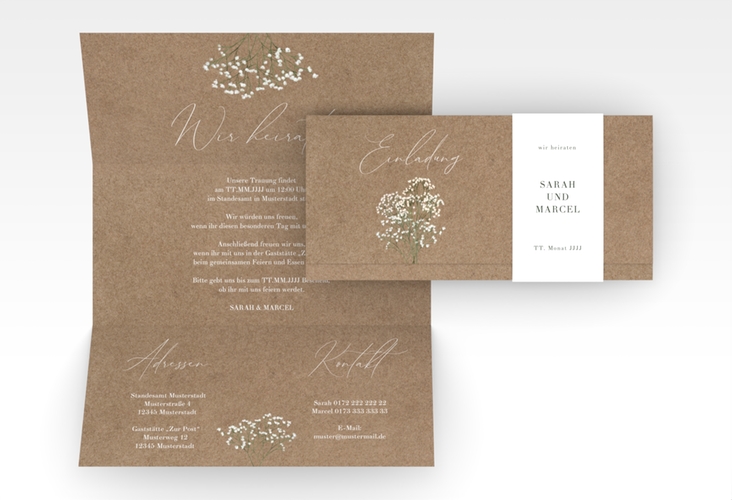 Hochzeitseinladung Schleierkraut Wickelfalzkarte + Banderole Kraftpapier