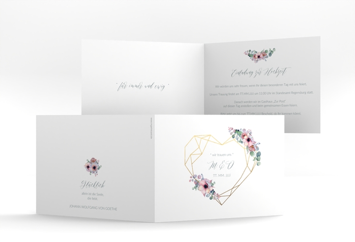 Hochzeitseinladung Herzgold A6 Klappkarte quer weiss hochglanz