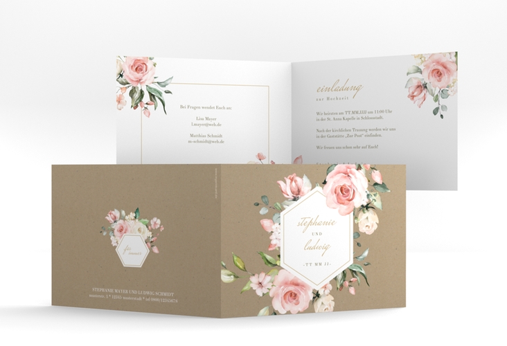 Einladung Hochzeit Graceful A6 Klappkarte quer hochglanz mit Rosenblüten in Rosa und Weiß