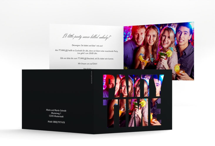 Partyeinladung Partytime A6 Klappkarte quer schwarz mit Foto