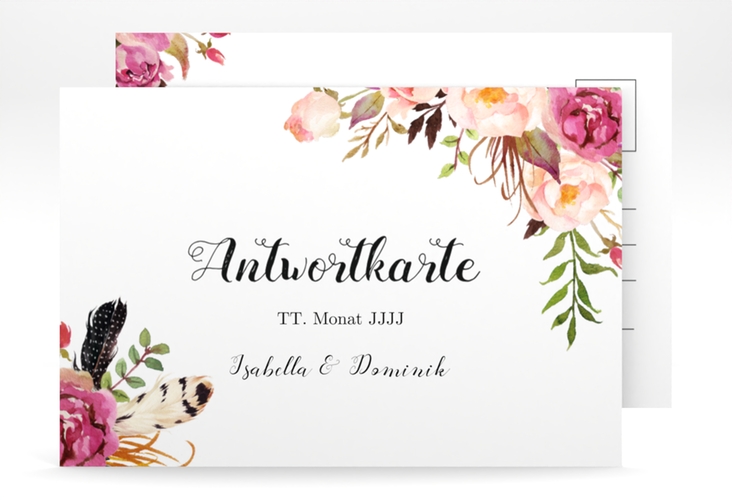 Antwortkarte Hochzeit Flowers A6 Postkarte weiss hochglanz mit bunten Aquarell-Blumen