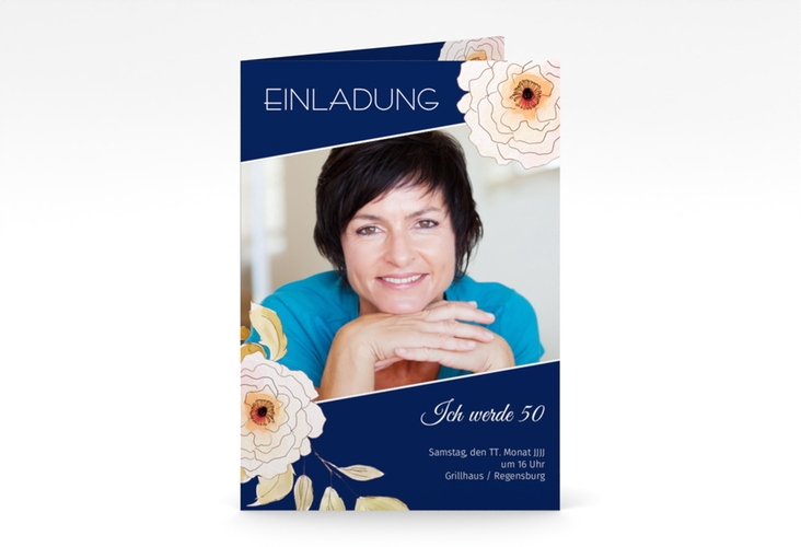 Einladung 50. Geburtstag Fleur A6 Klappkarte hoch blau