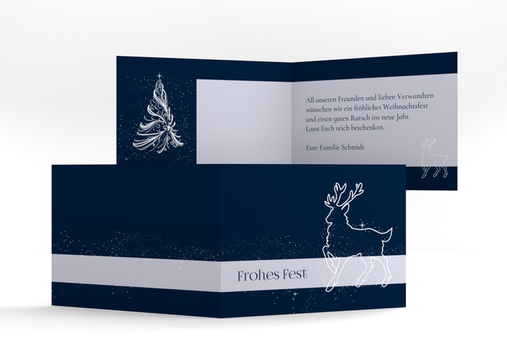 Weihnachtskarte Winterzauber A6 Klappkarte quer blau hochglanz mit Rentier und Sternenhimmel