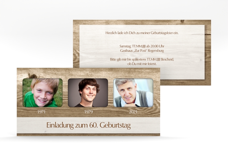 Einladung 60. Geburtstag Michael/Michaela lange Karte quer hochglanz im rustikalen Holz-Design mit Foto
