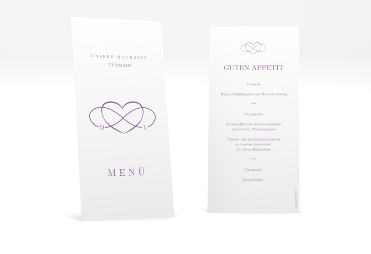 Menükarte Hochzeit Infinity lange Karte hoch lila hochglanz